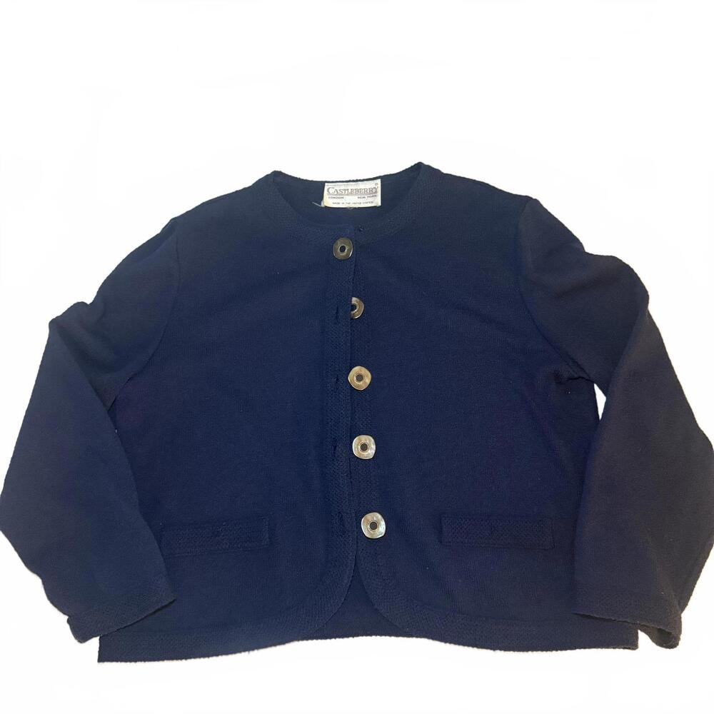 CASTLEBERRY vintage 80s London/NY Wms SZ M  Navy Blue Knit Cardigan Quiet Luxury